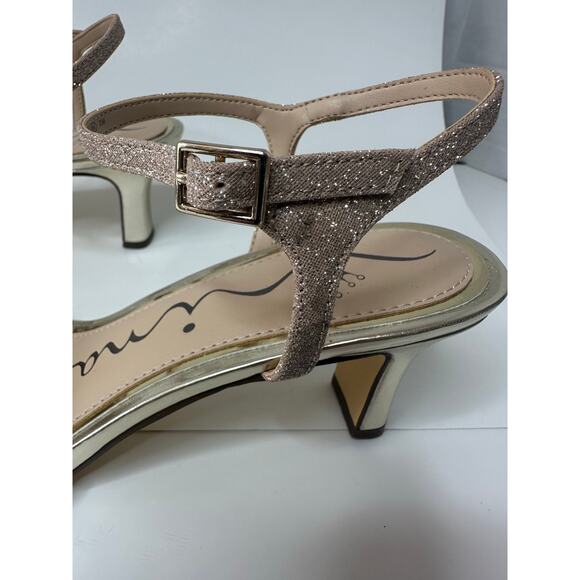 NiNA GOLD METALLIC CRYSTAL STRAPS MID-HEEL SANDALS ANKLE-STRAPS NUDE SIZE 8.5 - Picture 5 of 8